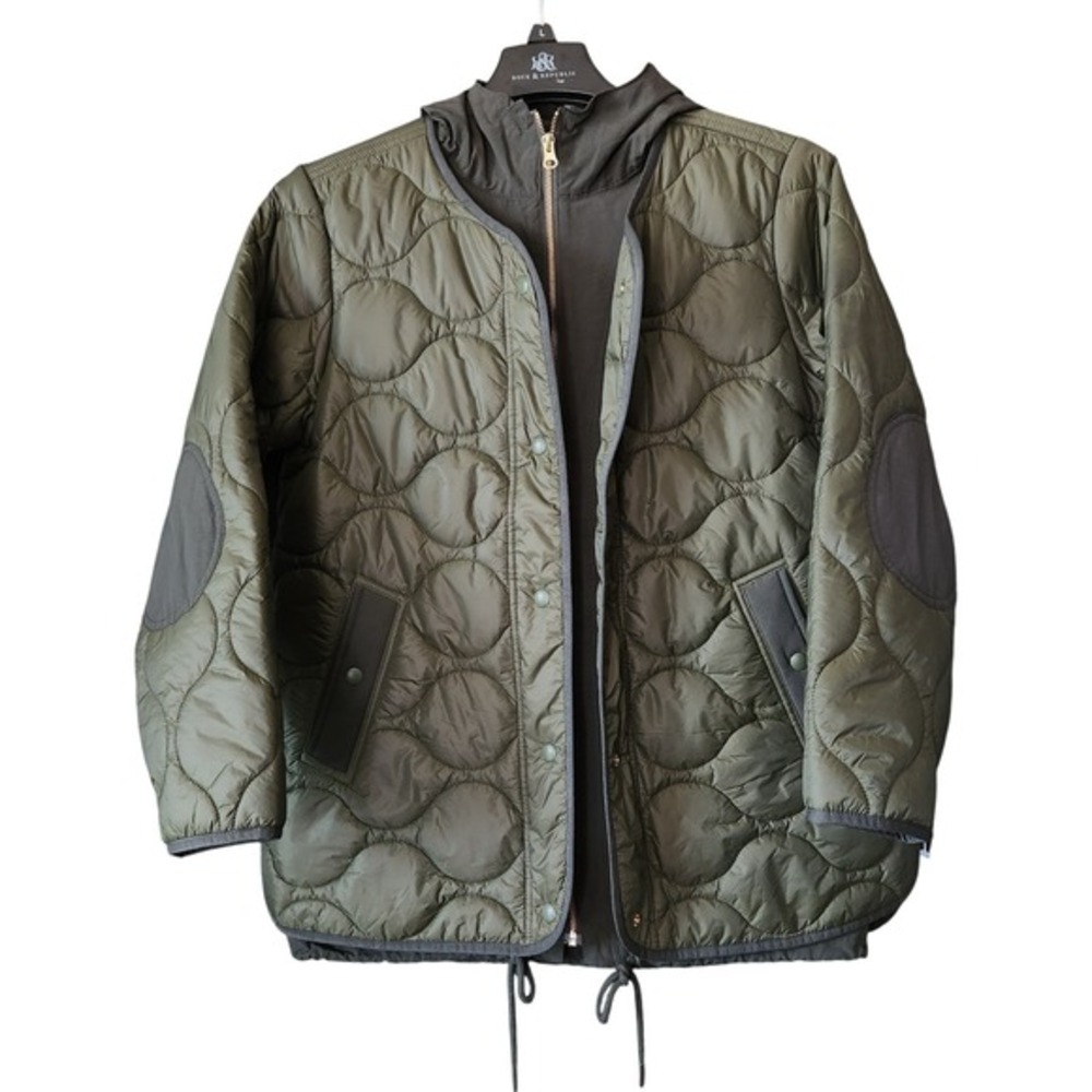 J.Crew Military Liner Inspired Quilted Puffer Hooded Size XS Olive Green Layered